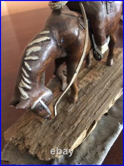 Hand Carved Wood Walnut Horse And Cowboy Statue Great For Desk Or Collection