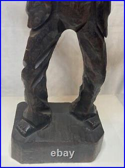Hand-Carved Wooden Barefoot Man Carrying Wood Stack Figurine 16 Tall