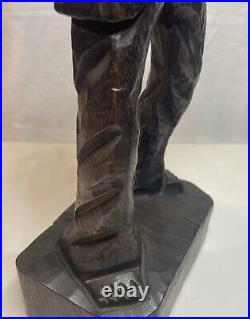 Hand-Carved Wooden Barefoot Man Carrying Wood Stack Figurine 16 Tall