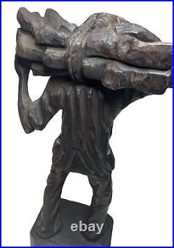 Hand-Carved Wooden Barefoot Man Carrying Wood Stack Figurine 16 Tall