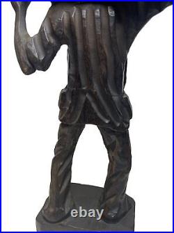 Hand-Carved Wooden Barefoot Man Carrying Wood Stack Figurine 16 Tall