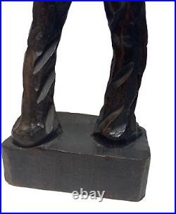 Hand-Carved Wooden Barefoot Man Carrying Wood Stack Figurine 16 Tall