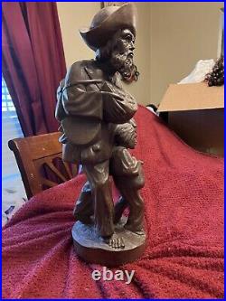 Hand-Carved Wooden Barefoot Traveler Hobo Man withchild Sculpture 19.5inch Tall