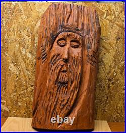 Hand-Carved Wooden Face Sculpture, Brown Wood Carving, Free Standing 18