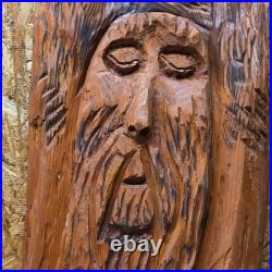 Hand-Carved Wooden Face Sculpture, Brown Wood Carving, Free Standing 18