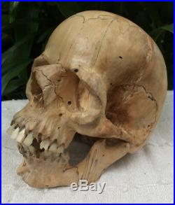 Hand Carved Wooden Sculpture Human Size Skull Realistic Wood Carving Unique