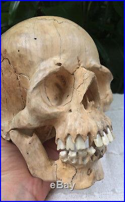 Hand Carved Wooden Sculpture Human Size Skull Realistic Wood Carving Unique