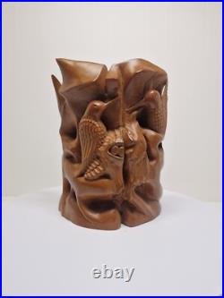 Hand-Carved Wooden Terra Cotta Sculpture With Birds Signed Unique Artisan Piece
