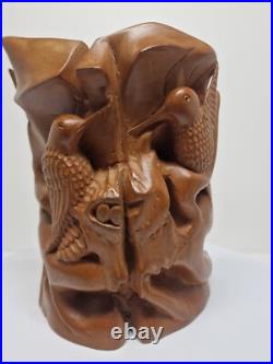 Hand-Carved Wooden Terra Cotta Sculpture With Birds Signed Unique Artisan Piece