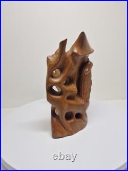 Hand-Carved Wooden Terra Cotta Sculpture With Birds Signed Unique Artisan Piece