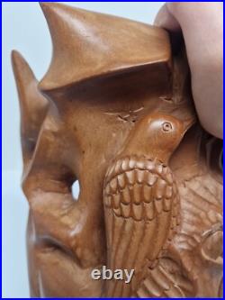 Hand-Carved Wooden Terra Cotta Sculpture With Birds Signed Unique Artisan Piece
