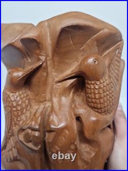 Hand-Carved Wooden Terra Cotta Sculpture With Birds Signed Unique Artisan Piece