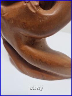 Hand-Carved Wooden Terra Cotta Sculpture With Birds Signed Unique Artisan Piece