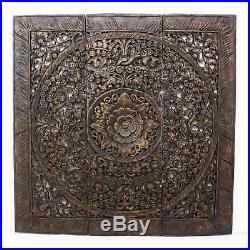 Hand-carved Black Stained Lotus Teak Wood Wall Panel, Handmade in Thailand