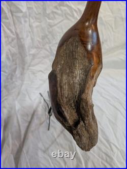 Hand-carved Driftwood Sculpture Bird on Steel Legs Branded JPM James P. Morton X2