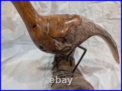 Hand-carved Driftwood Sculpture Bird on Steel Legs Branded JPM James P. Morton X2