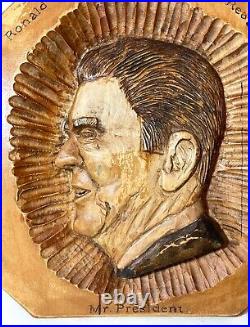Hand carved Ronald Reagan Presidential Folk Art wall wood carving sculpture