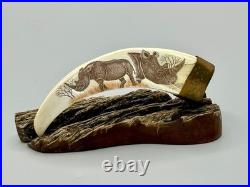 Hand-carved Scrimshaw-style Rhino Tusk By Luciana Masina, 1998, South Africa