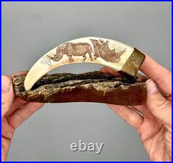Hand-carved Scrimshaw-style Rhino Tusk By Luciana Masina, 1998, South Africa