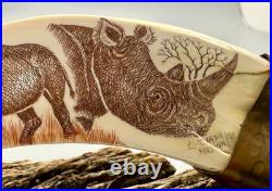Hand-carved Scrimshaw-style Rhino Tusk By Luciana Masina, 1998, South Africa