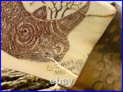 Hand-carved Scrimshaw-style Rhino Tusk By Luciana Masina, 1998, South Africa