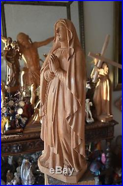 Hand carved wood Our Lady of Lourdes Mary Madonna Religious statue Sculpture