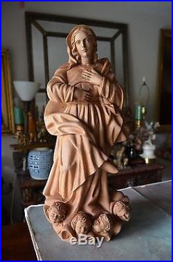 Hand carved wood sculpture statue virgin Mary and cherubs religious