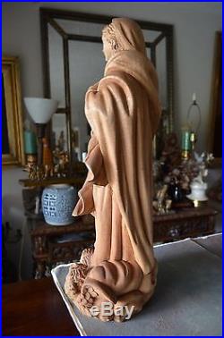 Hand carved wood sculpture statue virgin Mary and cherubs religious