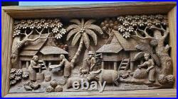 Handcarved Teak Woodcarving Asian Village Scene