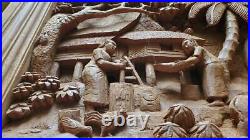 Handcarved Teak Woodcarving Asian Village Scene