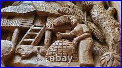 Handcarved Teak Woodcarving Asian Village Scene