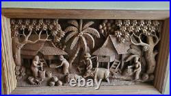 Handcarved Teak Woodcarving Asian Village Scene