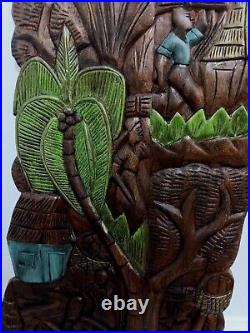 Handcarved Vintage Wood VILLAGE SCENE Wall Art From Haiti 27 X 12