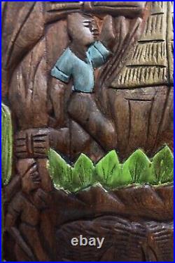 Handcarved Vintage Wood VILLAGE SCENE Wall Art From Haiti 27 X 12