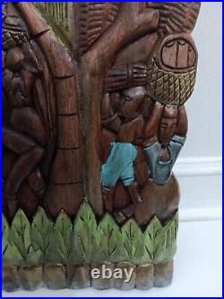 Handcarved Vintage Wood VILLAGE SCENE Wall Art From Haiti 27 X 12