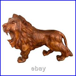 Handcrafted Rosewood Lion Statue Roaring Jungle Lion Carving Art, Unique. NEW