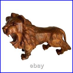 Handcrafted Rosewood Lion Statue Roaring Jungle Lion Carving Art, Unique. NEW