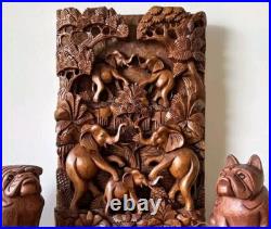Handmade 3D Wood Carving Relief Sculpture The Reunion of Elephant Family