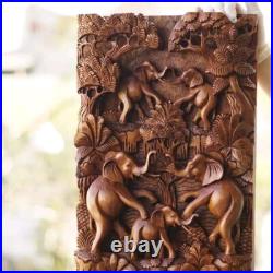 Handmade 3D Wood Carving Relief Sculpture The Reunion of Elephant Family