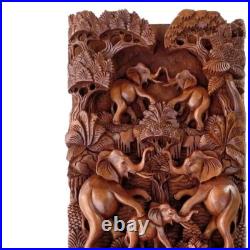 Handmade 3D Wood Carving Relief Sculpture The Reunion of Elephant Family