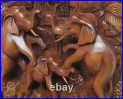 Handmade 3D Wood Carving Relief Sculpture The Reunion of Elephant Family