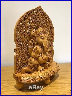 Handmade Carved Indian Hindu God Ganesha Wood Wooden Statue Sculpture
