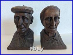 Handmade Hand Carved Wood Busts J Alberdi Mid-Century Carving Old Man & Woman