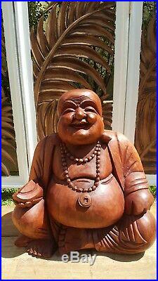 Happy Laughing Buddha Feng-shui Wood Statue Hand Carved Large 50 CM