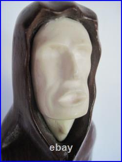 Haunted Wood Carving Figurine of Monk Unsettling Vintage with Eerie Inscription Haunted Wood Carving Figurine of Monk Unsettling Vintage with Eerie Inscription