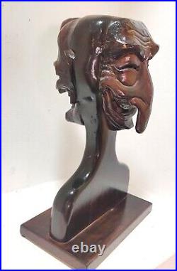 Head 3D Two Different Faces Art Deco Scary Carved Solid Wood Large Statue W Base
