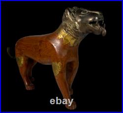 Heavy Hand-Carved Wood and Brass Tiger / Lion Sculpture Statue