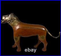 Heavy Hand-Carved Wood and Brass Tiger / Lion Sculpture Statue