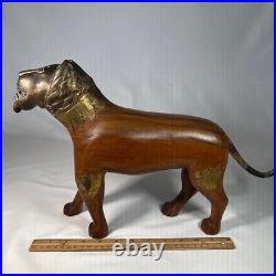 Heavy Hand-Carved Wood and Brass Tiger / Lion Sculpture Statue