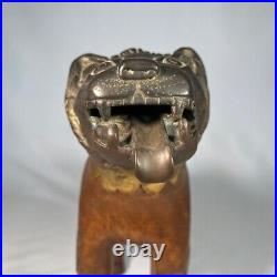 Heavy Hand-Carved Wood and Brass Tiger / Lion Sculpture Statue